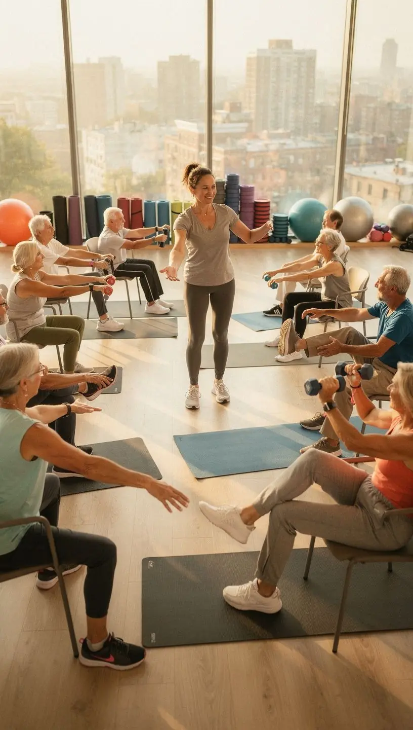 Older adults dancing joyfully, overcoming anxiety together.