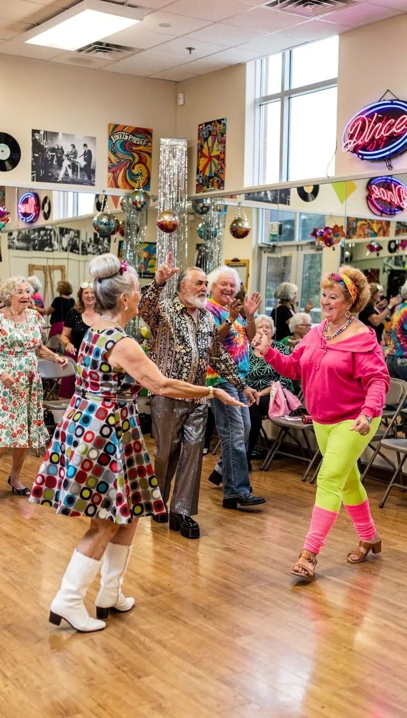 Active seniors dancing while balancing fitness activities.