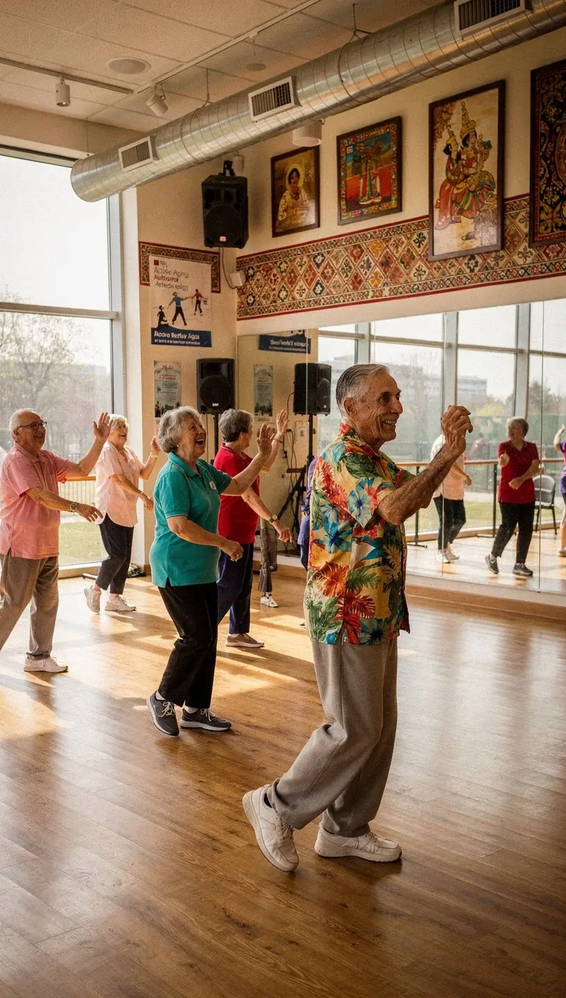 Active seniors enjoying various dance styles together