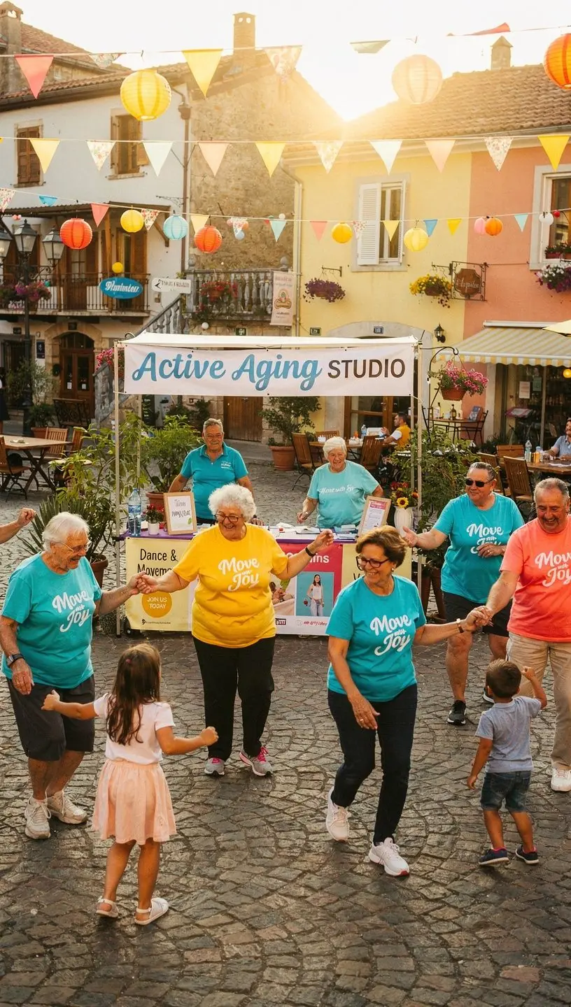 Seniors enjoying social dance at active aging studio.